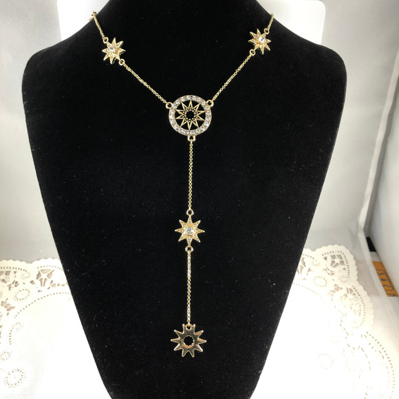 Crystal Stars 20 Inch Necklace Adjustable Gold Tone Stars with Crystals - Picture 1 of 3
